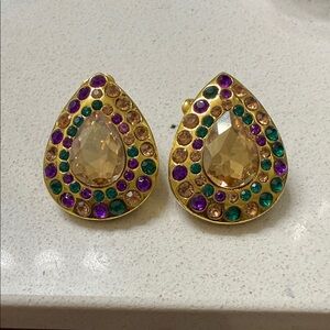 Sassy Jones Gold Teardrop Earrings with Purple, Green & Champagne Crystals